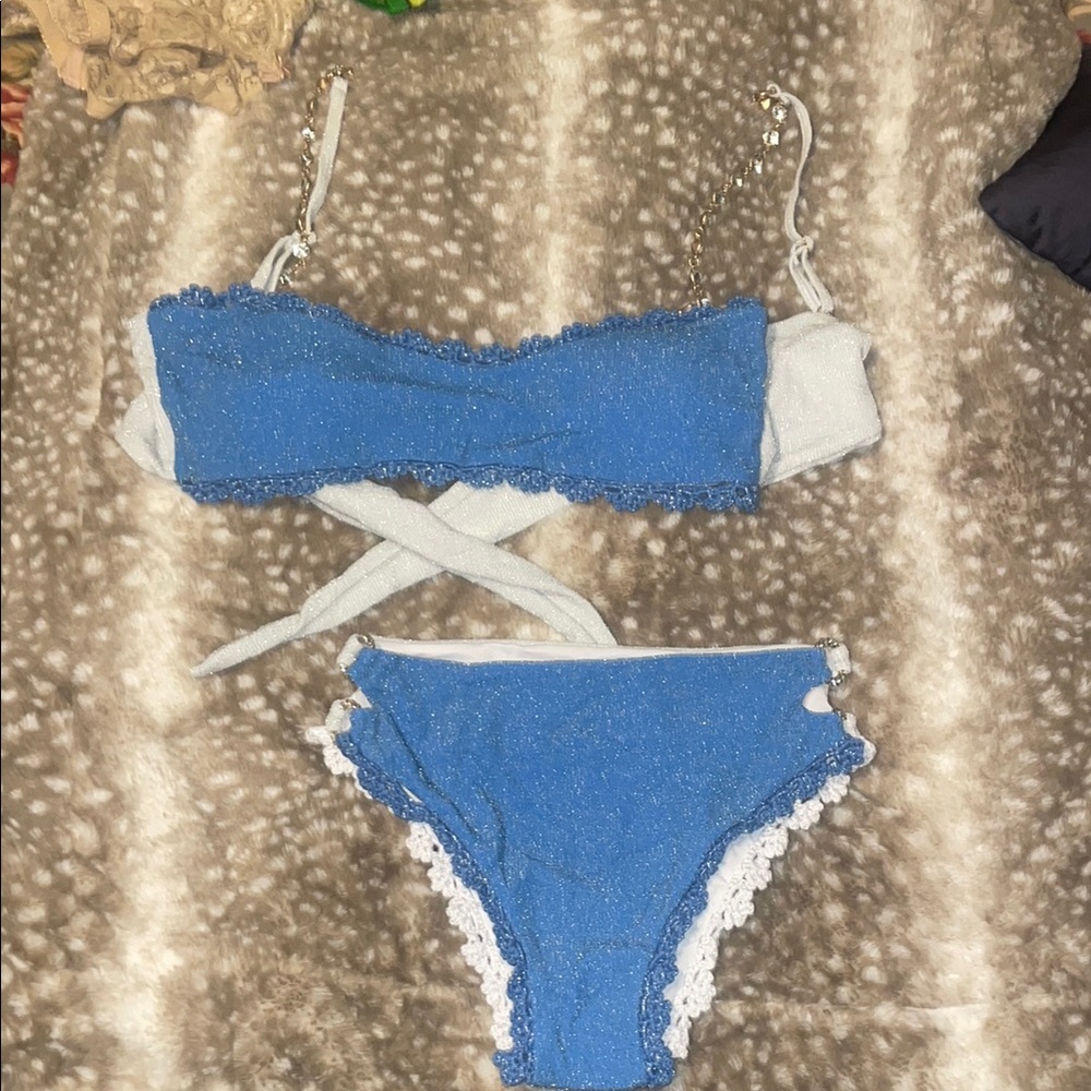 NWOT blue and white shimmer & crochet trim Maiyo bikini sz L
